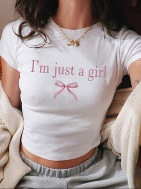 SHEIN White Crop Tee with Pink Script and Bow